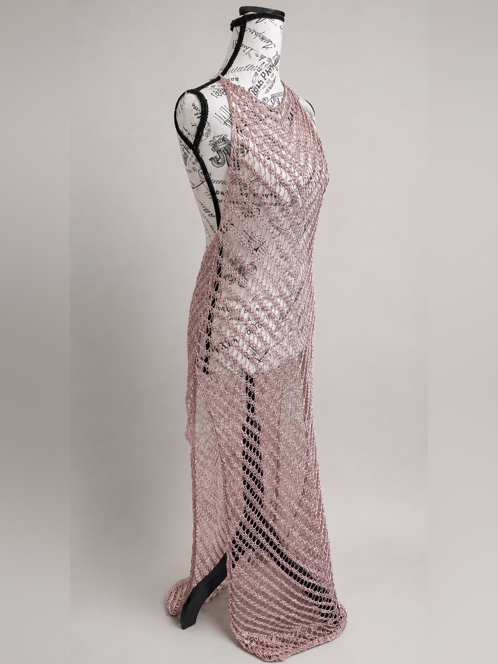 Windsor Rose Gold Metallic Crochet Knit Fishnet Maxi Halter Swim Coverup Dress